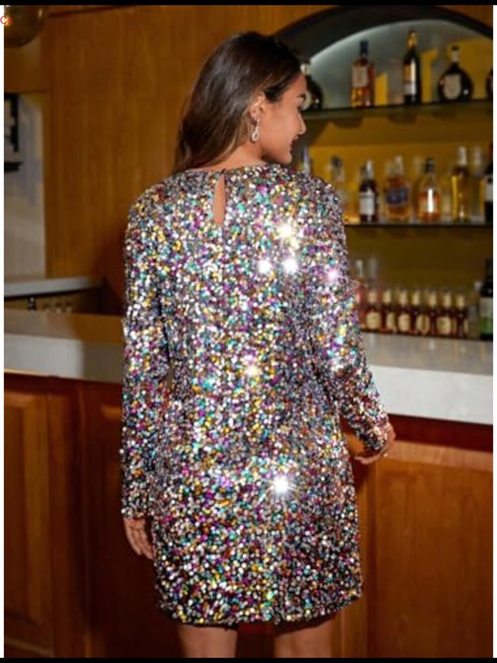 Long Sleeve Sequin Bodycon Party Mini Dress Round Neck Zip Back - Picture 3 of 3